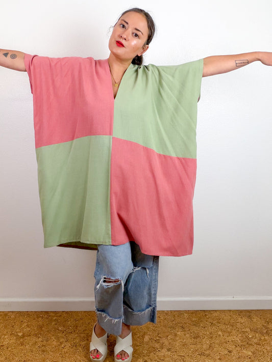 Linen Blend Caftan Dress Mauve Sage Color Block