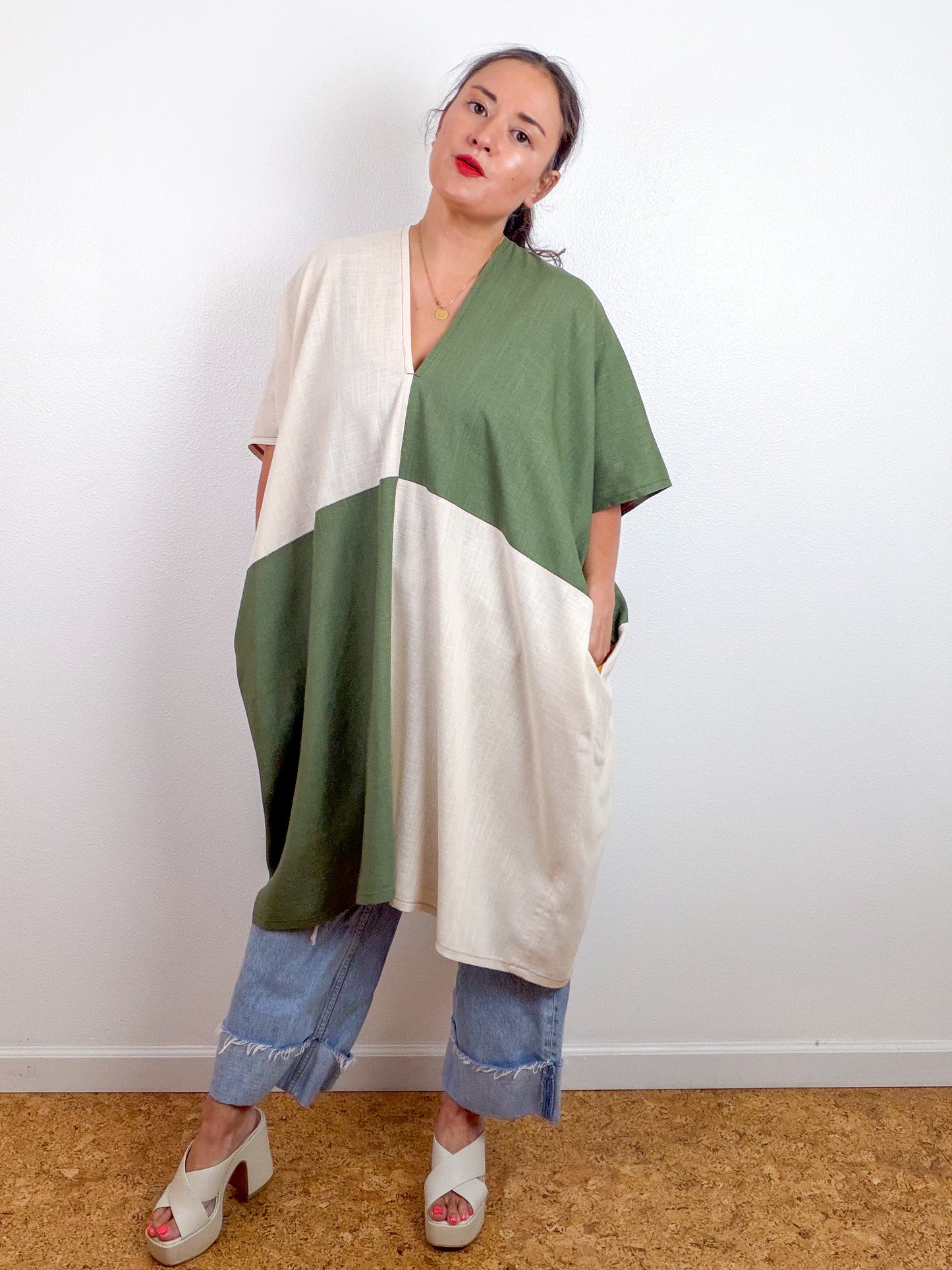 Linen Blend Caftan Dress Olive Ivory Color Block