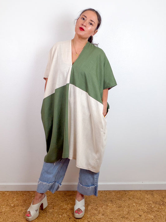 Linen Blend Caftan Dress Olive Ivory Color Block