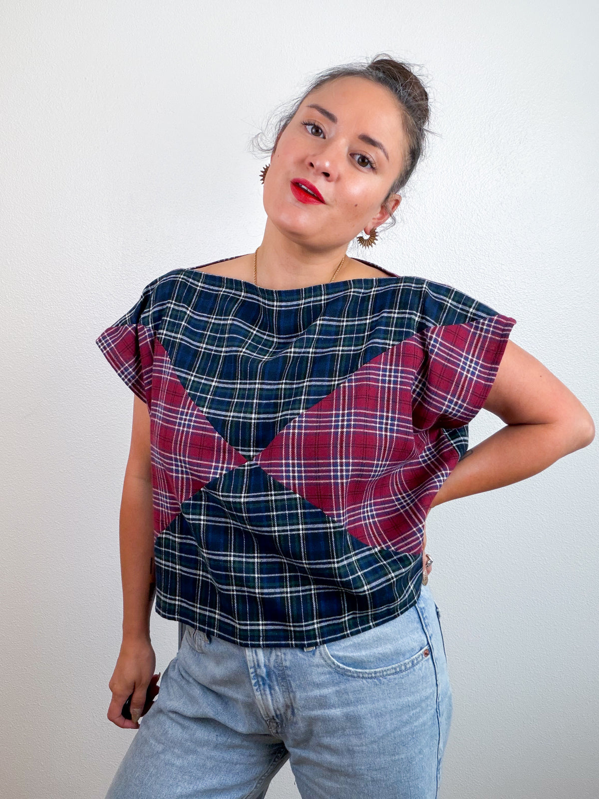 Plaid Flannel Flip Crop Navy Maroon