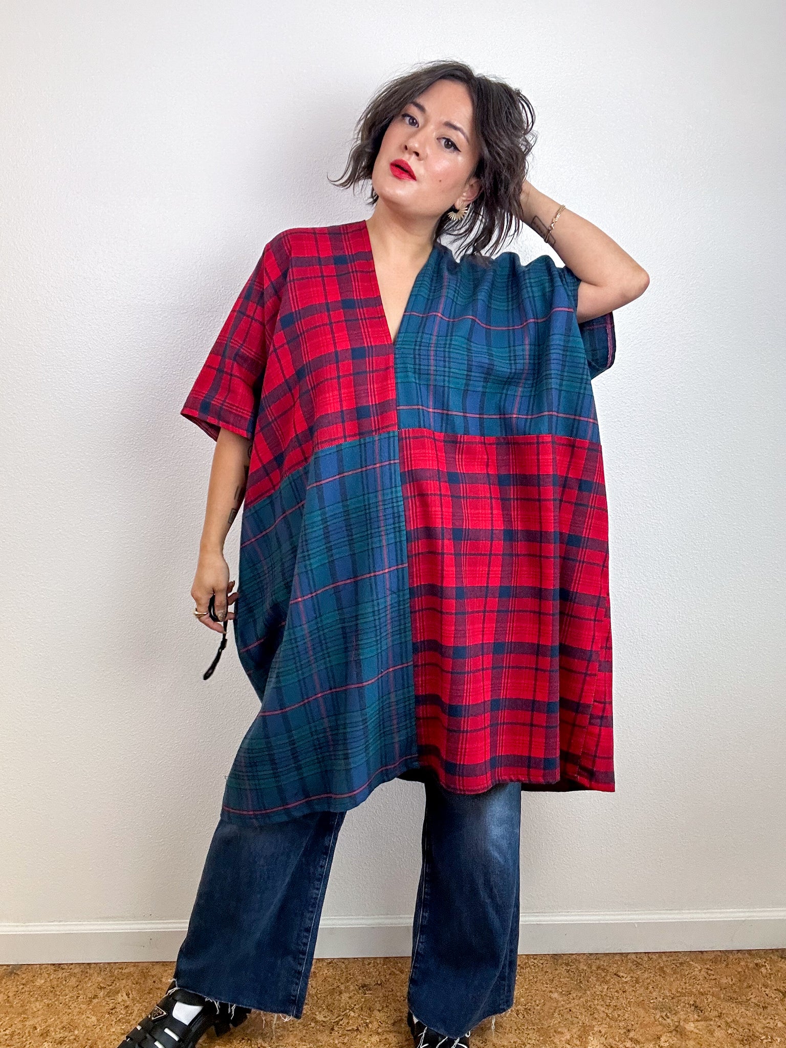 Oversized Patchwork Plaid Smock Dress Teal Red