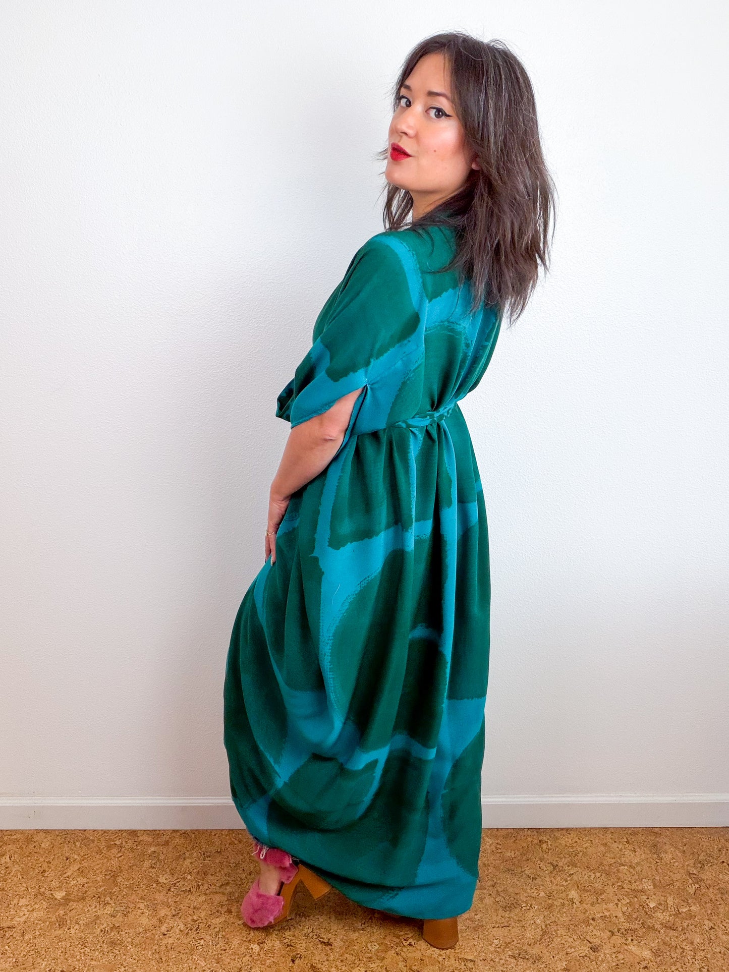 Hand-Dyed High Low Kimono Turquoise Forest Arc