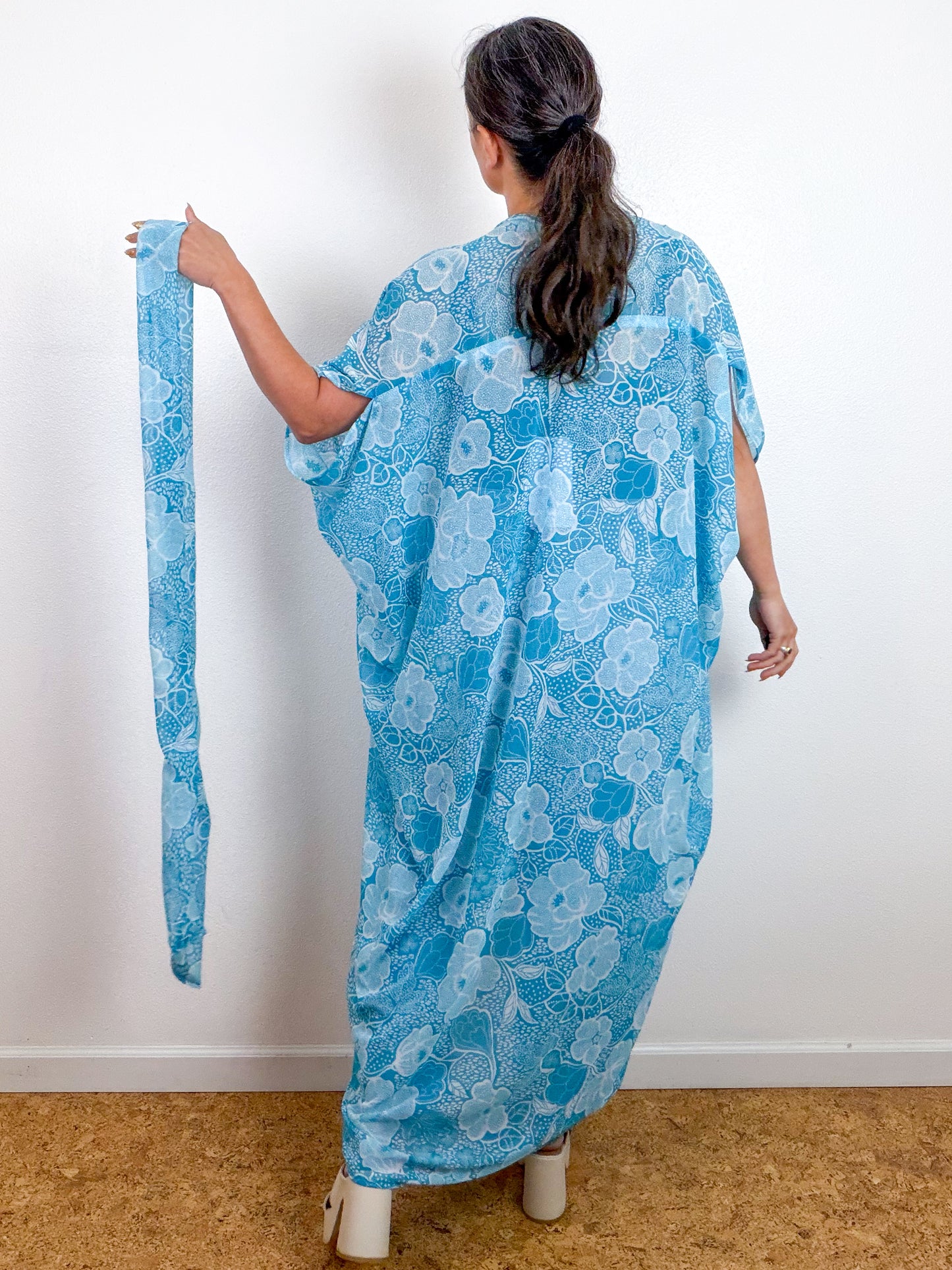 Print High Low Kimono Turquoise Floral Chiffon