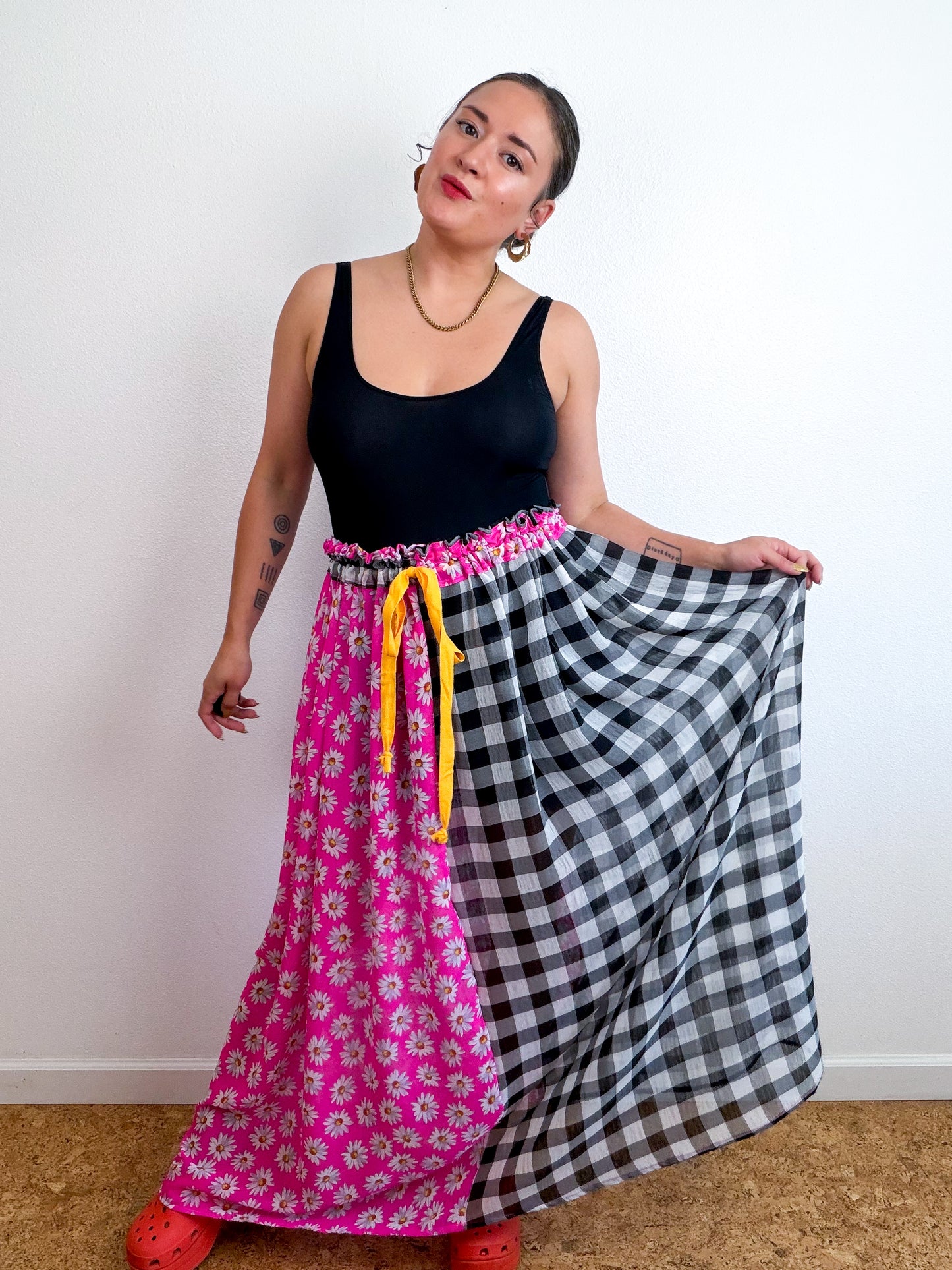 THE SKIRT Pink Daisy Gingham Reversible Chiffon