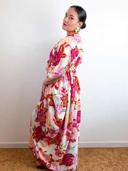 Print High Low Kimono Magenta Peony Bubble Crepe