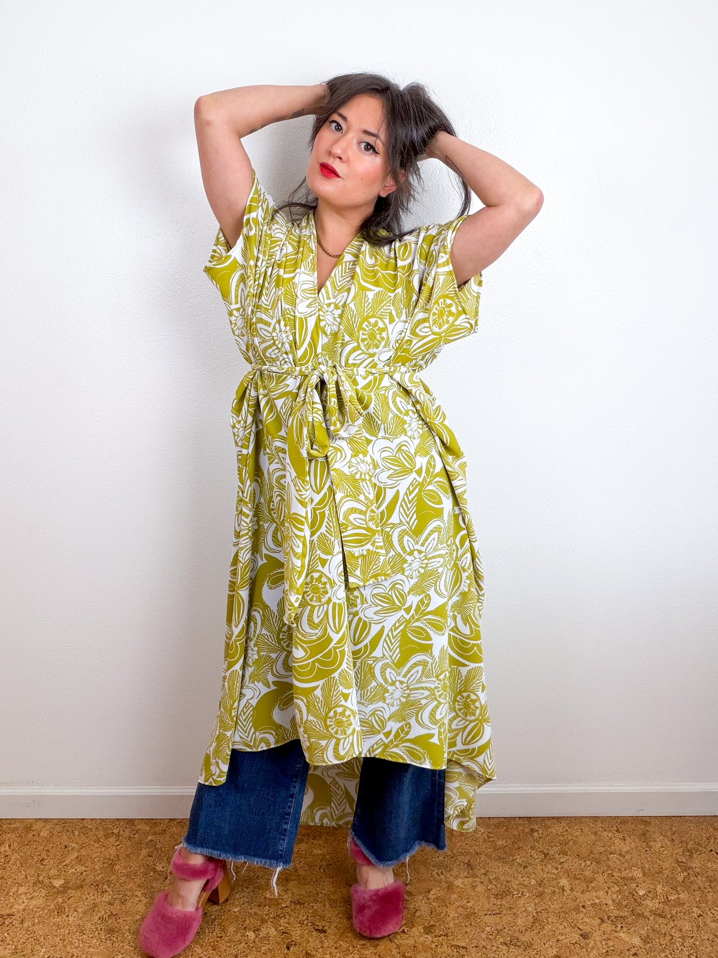 Print High Low Kimono Chartreuse Seventies Floral Bubble Crepe