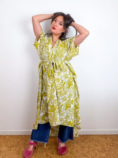Print High Low Kimono Chartreuse Seventies Floral Bubble Crepe