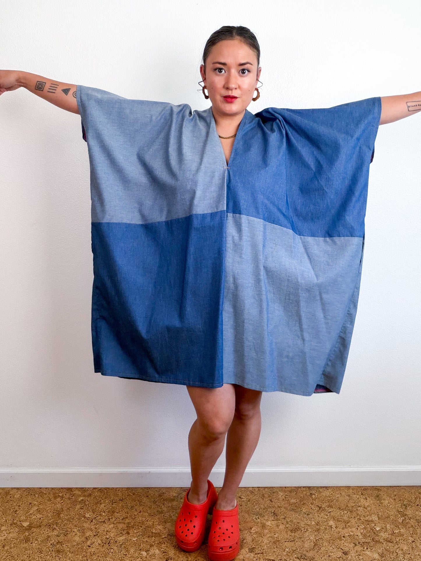 Cotton Chambray Caftan Dress Light Denim Color Block