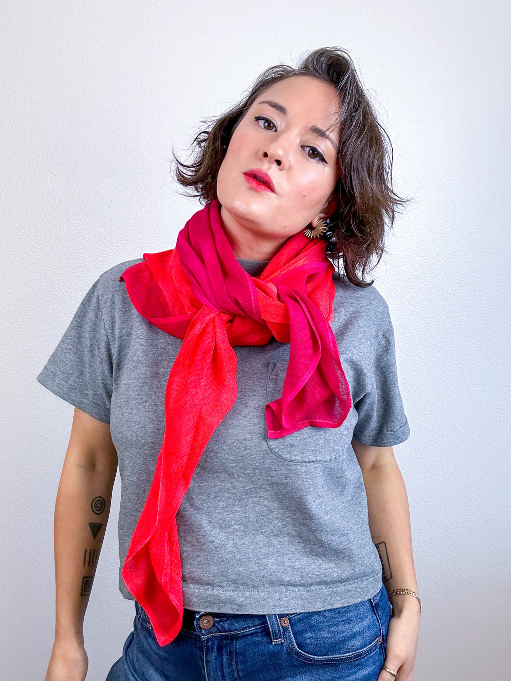 Hand-Dyed Two Tone Gauze Scarf Fuchsia Scarlet