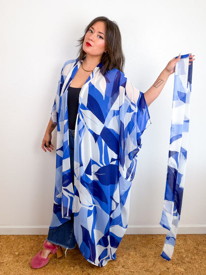 Print High Low Kimono Blue Large Leaves Chiffon