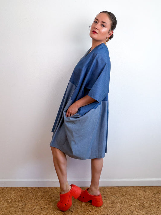 Cotton Chambray Caftan Dress Light Denim Color Block