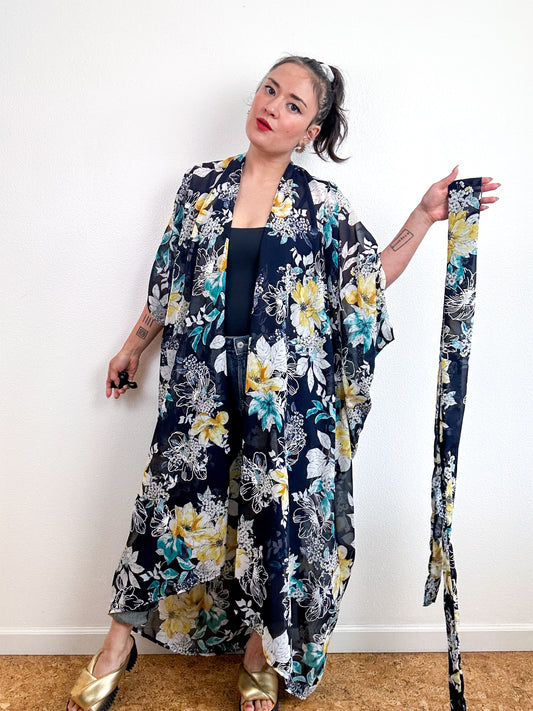 Print High Low Kimono Navy Teal Yellow Floral Chiffon [WS]