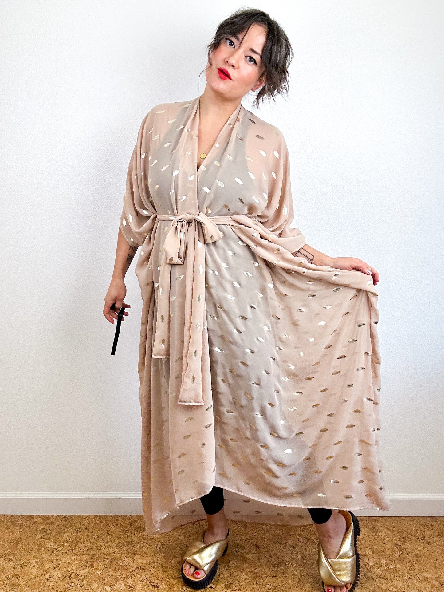 Print High Low Kimono Tan Gold Leaf Chiffon