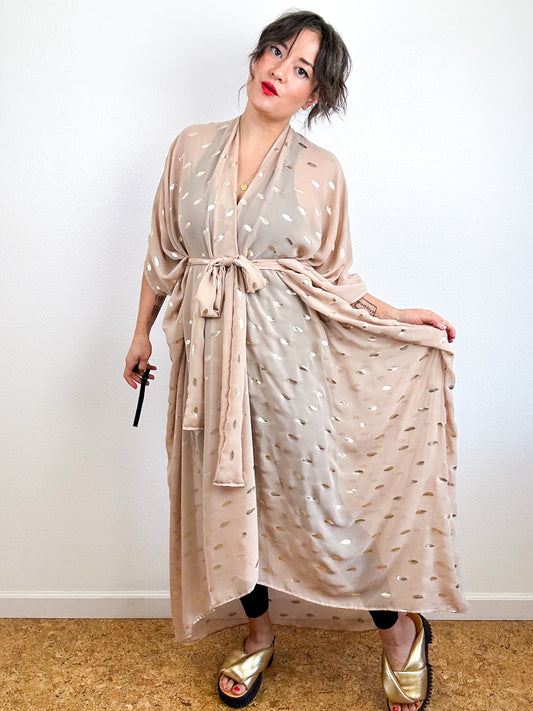 Print High Low Kimono Tan Gold Leaf Chiffon