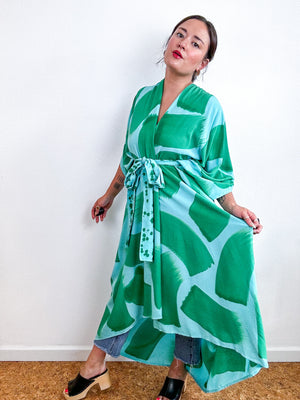 Hand-Dyed High Low Kimono Aqua Green Brush