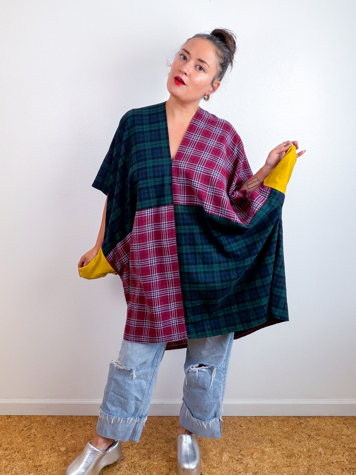 Plaid Flannel Caftan Dress Maroon Forest