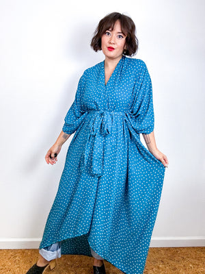 Print High Low Kimono Turquoise Dots Georgette