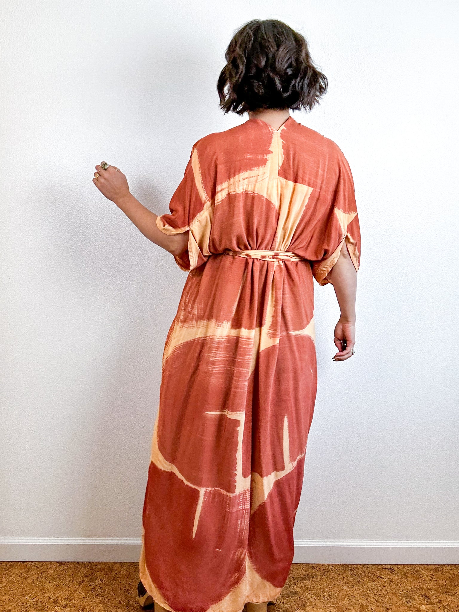 Hand-Dyed High Low Kimono Peach Terracotta Arc