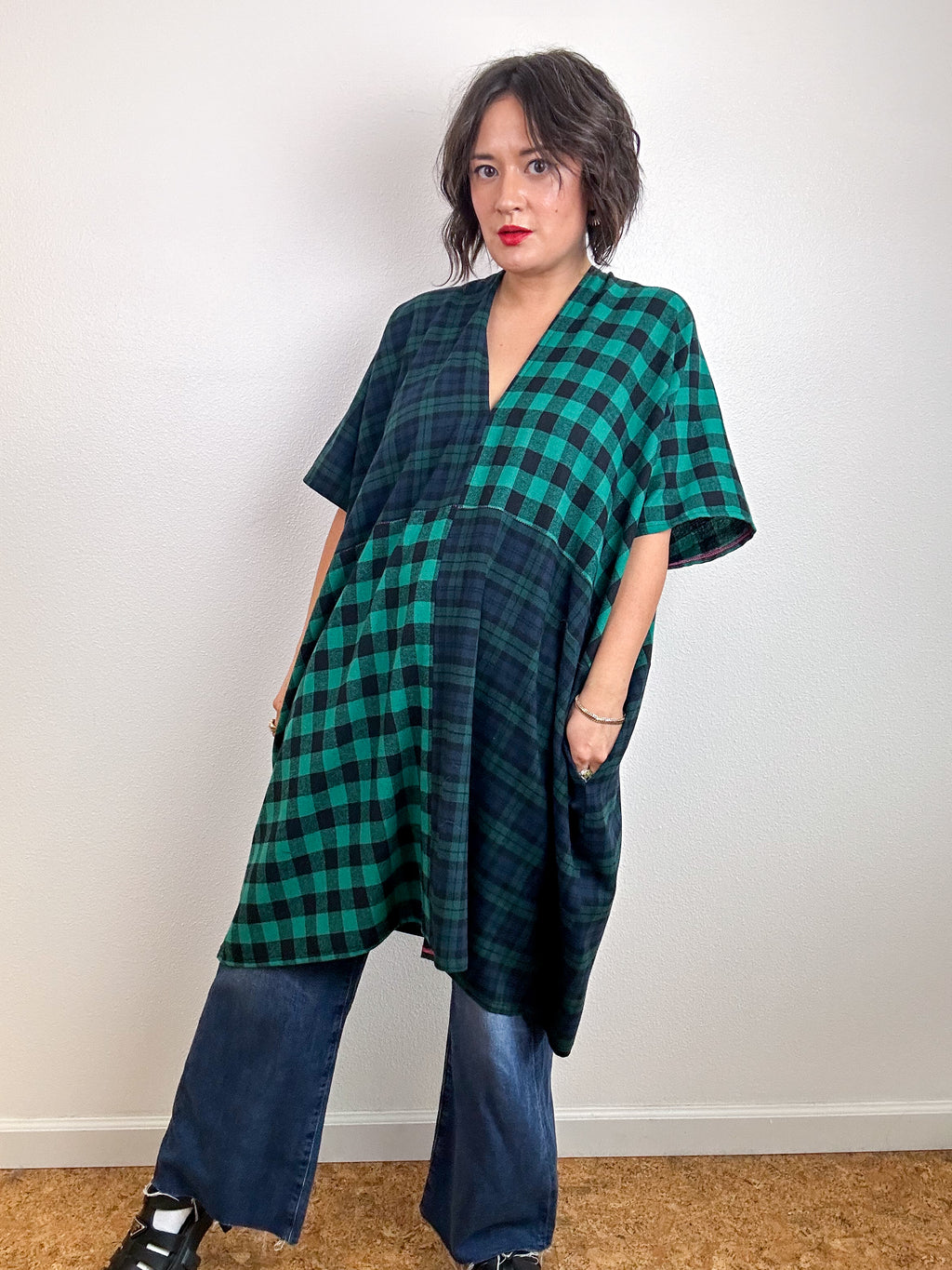 Oversized Patchwork Plaid Smock Dress Green Navy