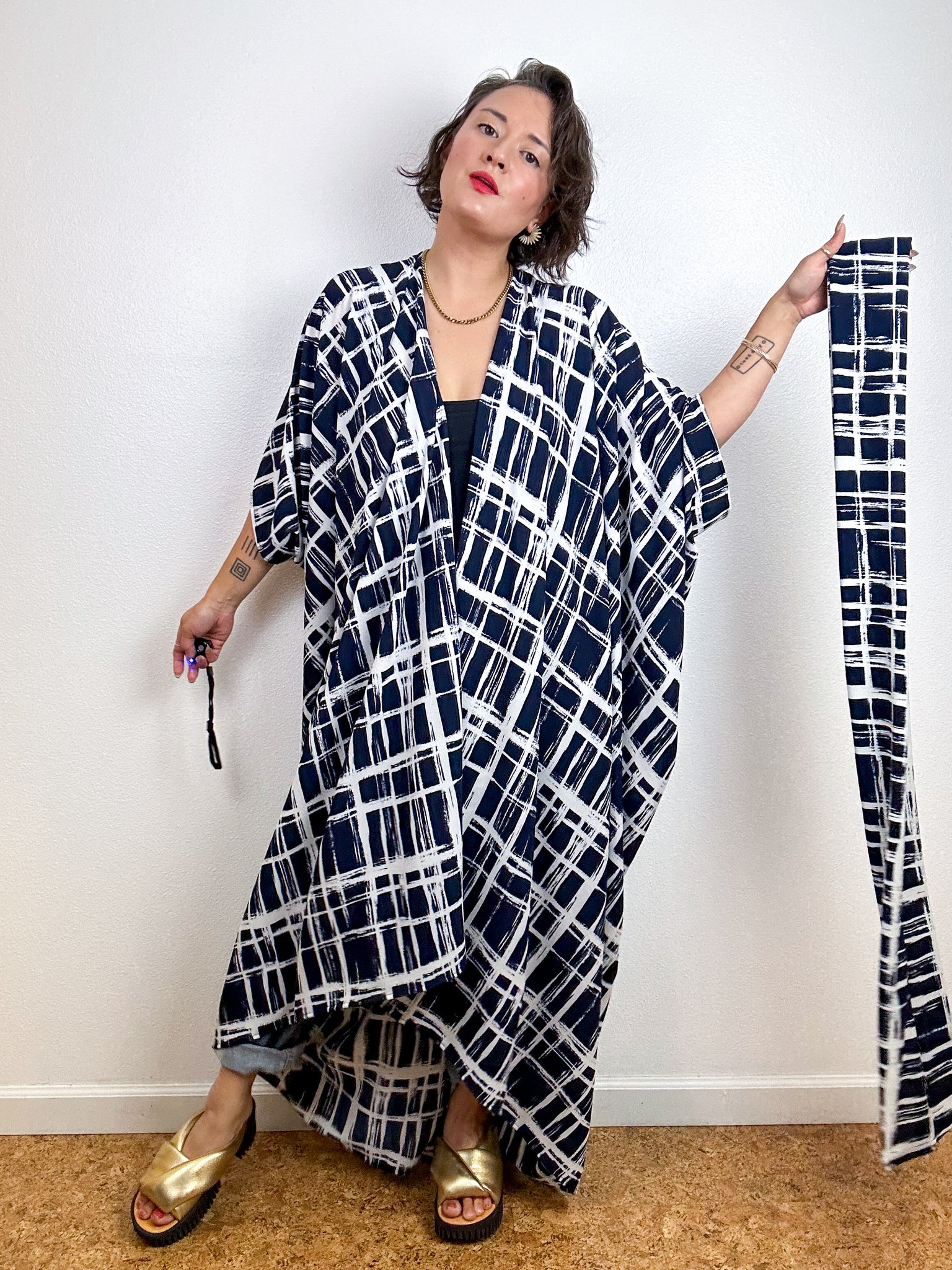 High Low Kimono Navy Grid Bubble Crepe