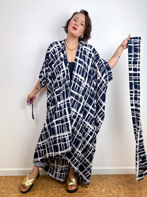 High Low Kimono Navy Grid Bubble Crepe