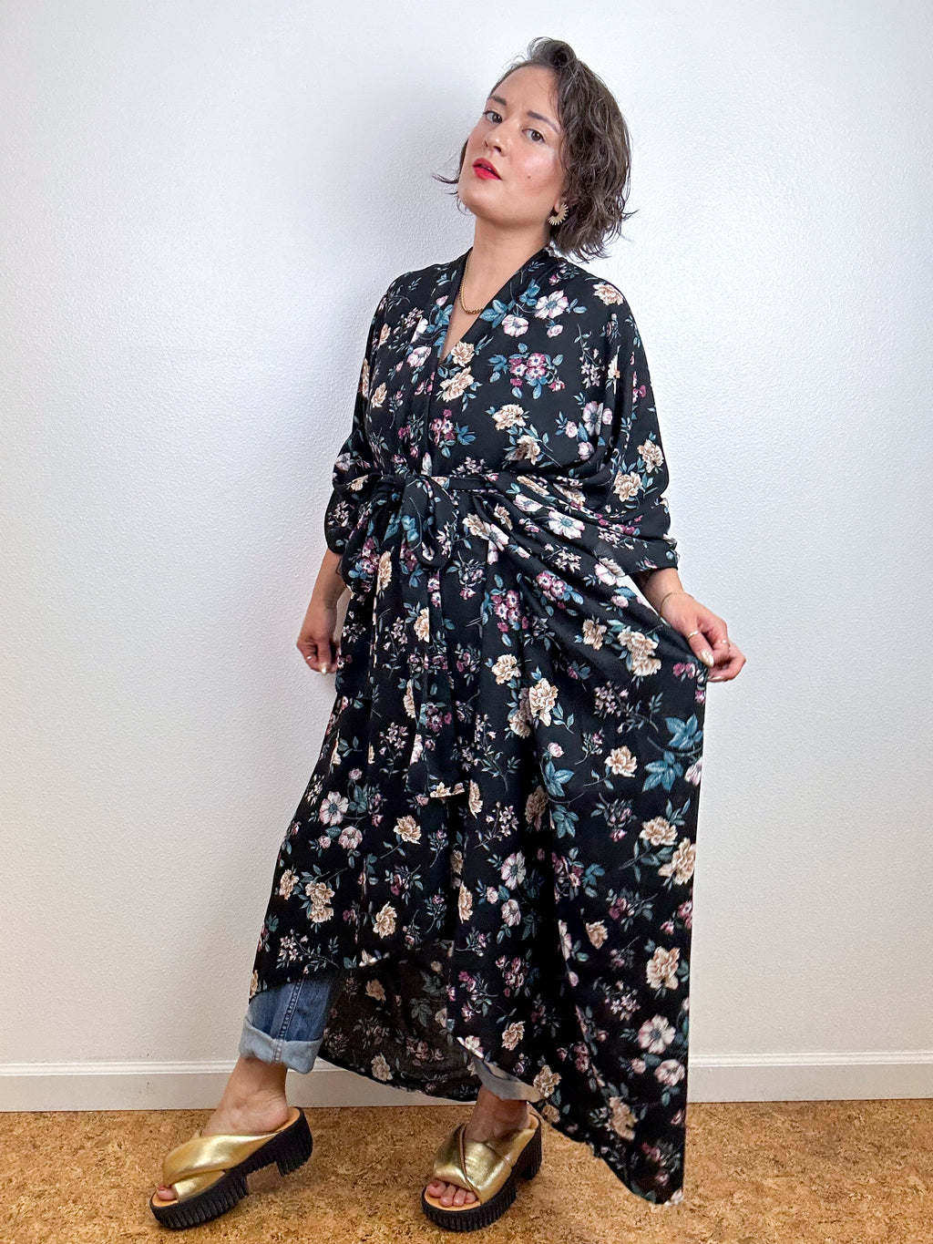 Print High Low Kimono Black Vintage Floral Rayon Crepe