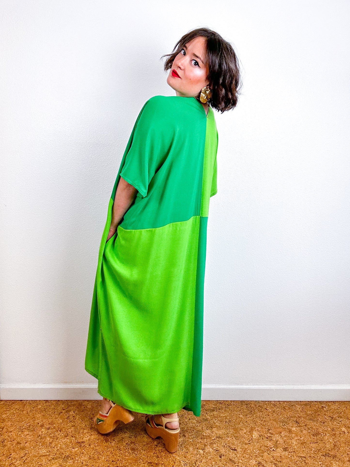 Color Block Midi Caftan Dress Emerald Lime