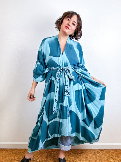 Hand-Dyed High Low Kimono Aqua Teal Brush