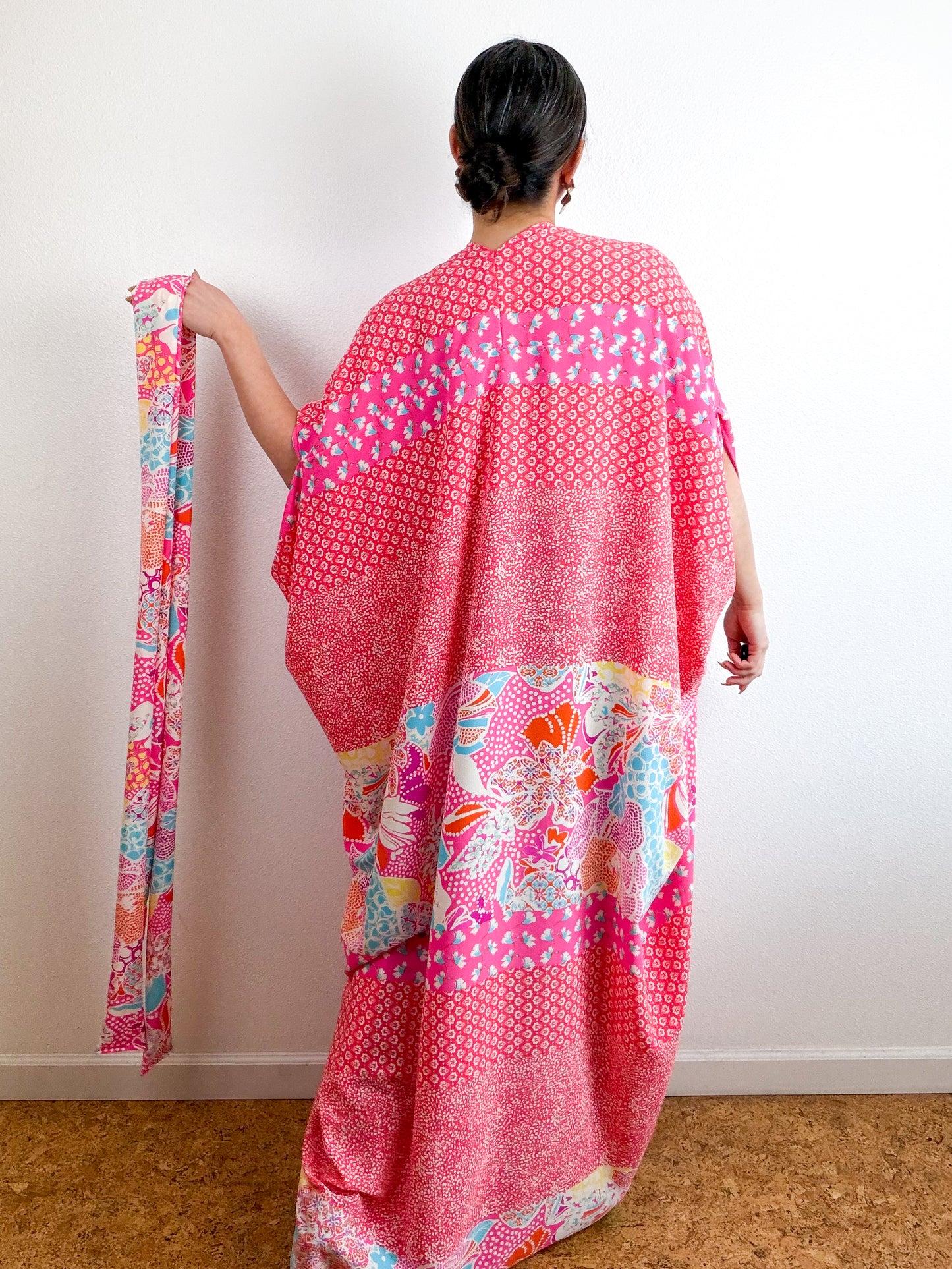 Print High Low Kimono Coral Pebble Bubble Crepe
