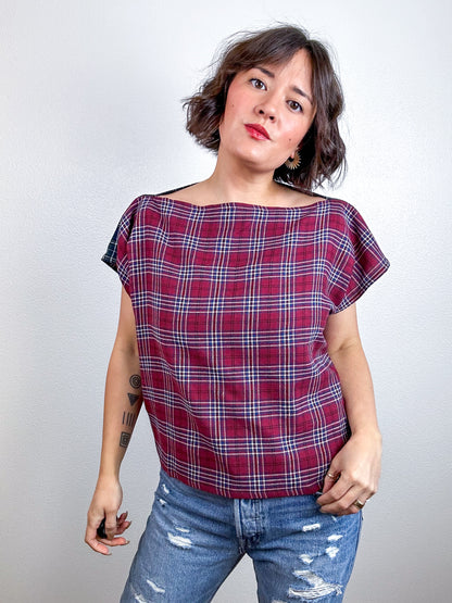 Flip Crop Plaid Flannel Maroon Navy