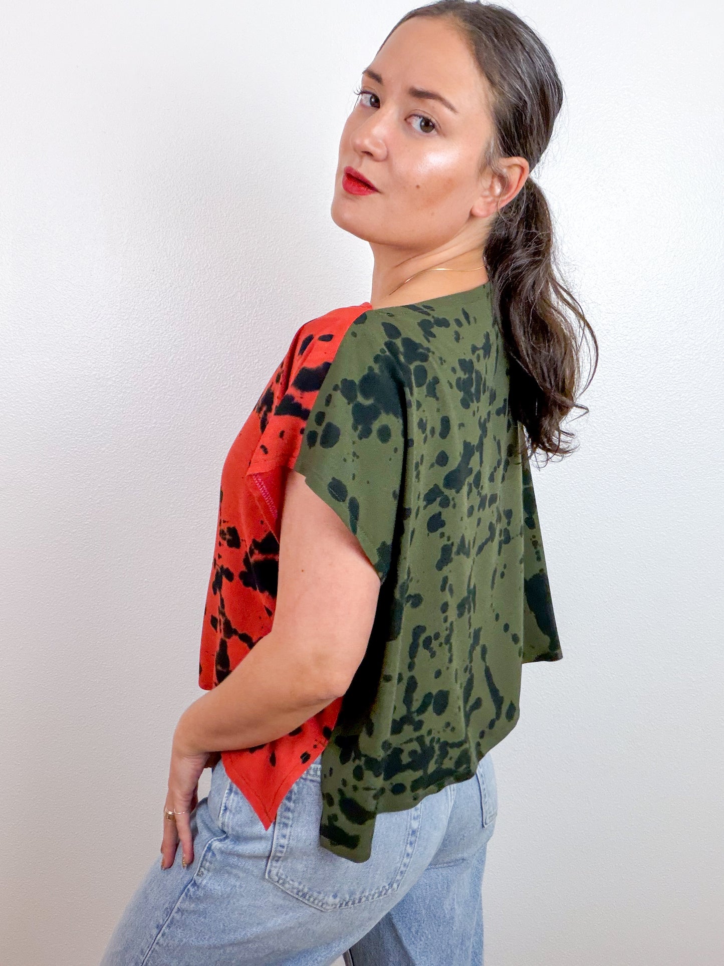 Hand-Dyed Bamboo Flip Crop Olive Rust Black Speckle