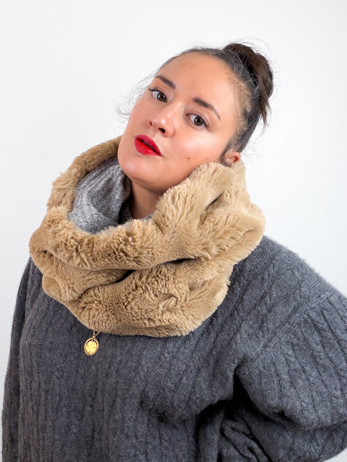 Faux Fur Cowl Scarf Tan Grey