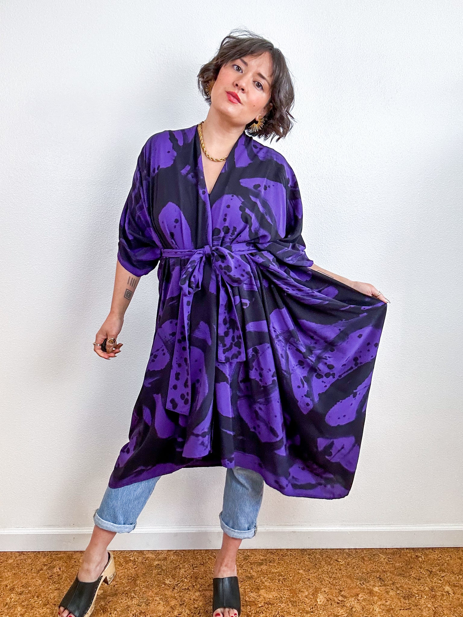 Hand-Dyed High Low Kimono Purple Black Sumi