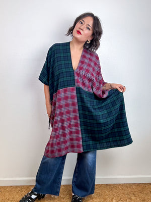 Oversized Patchwork Plaid Smock Dress Forest Maroon