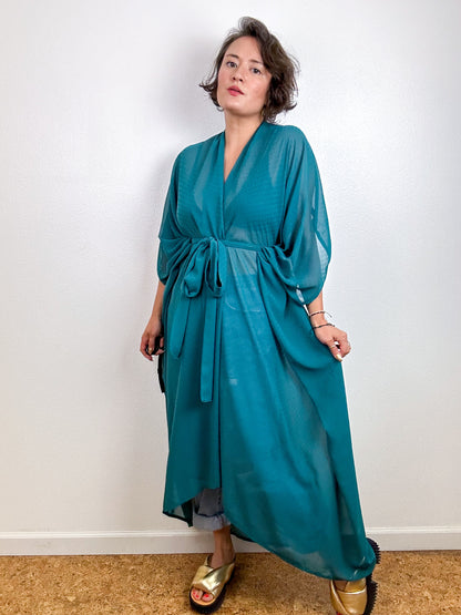 Solid High Low Kimono Teal Dot Chiffon