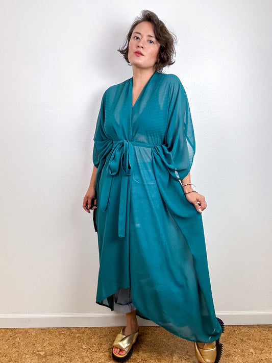 Solid High Low Kimono Teal Dot Chiffon