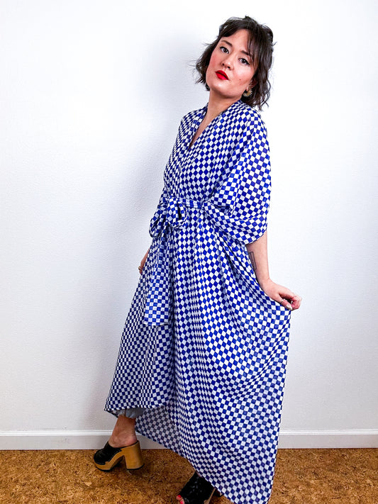 Print High Low Kimono Blue Checker Chiffon