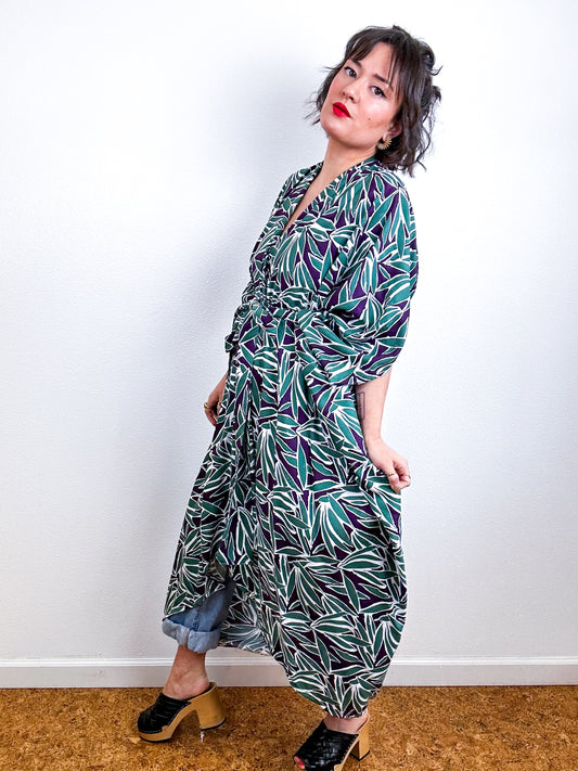 Print High Low Kimono Plum Green Bamboo Challis