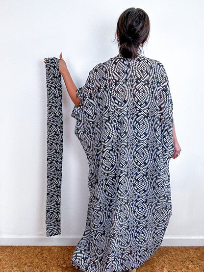 Print High Low Kimono Black White Wavy Checker Chiffon