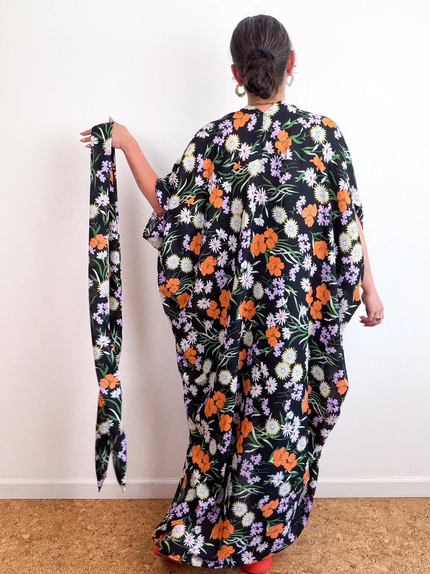 Print High Low Kimono Black Orange Wildflower Georgette