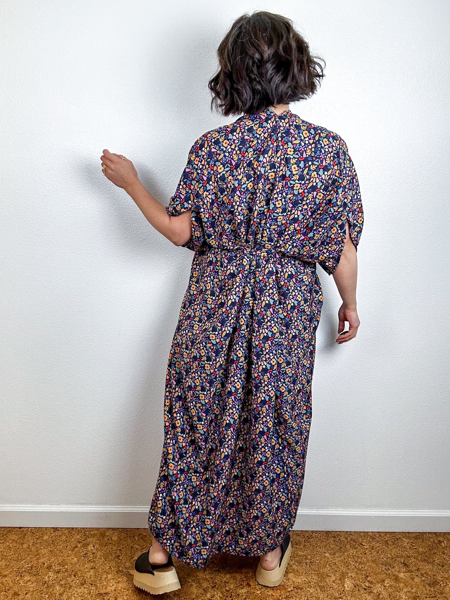 Print High Low Kimono Navy Mini Floral Crepe de Chine