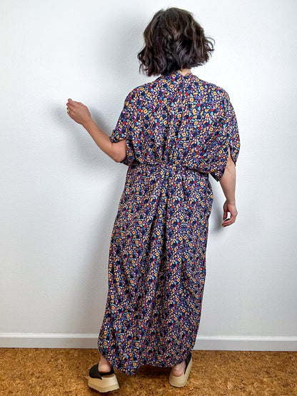 Print High Low Kimono Navy Mini Floral Crepe de Chine