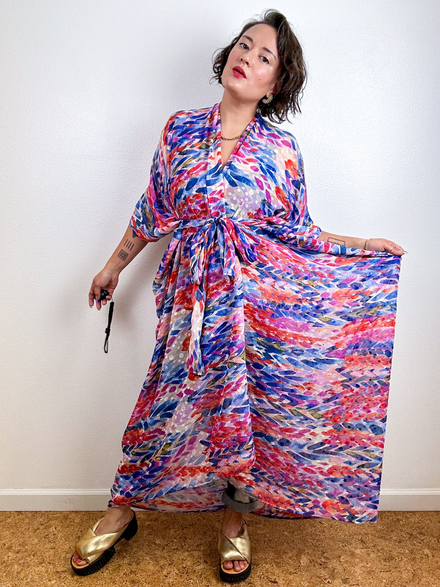 Print High Low Kimono Rainbow Silver Textured Chiffon