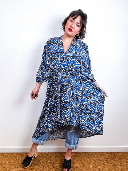 Print High Low Kimono Brown Blue Bamboo Challis