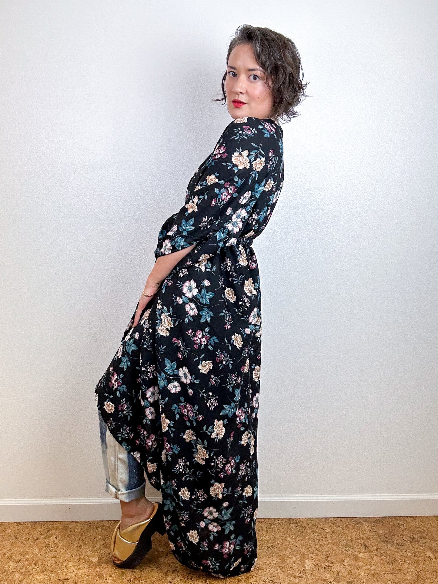 Print High Low Kimono Black Vintage Floral Rayon Crepe
