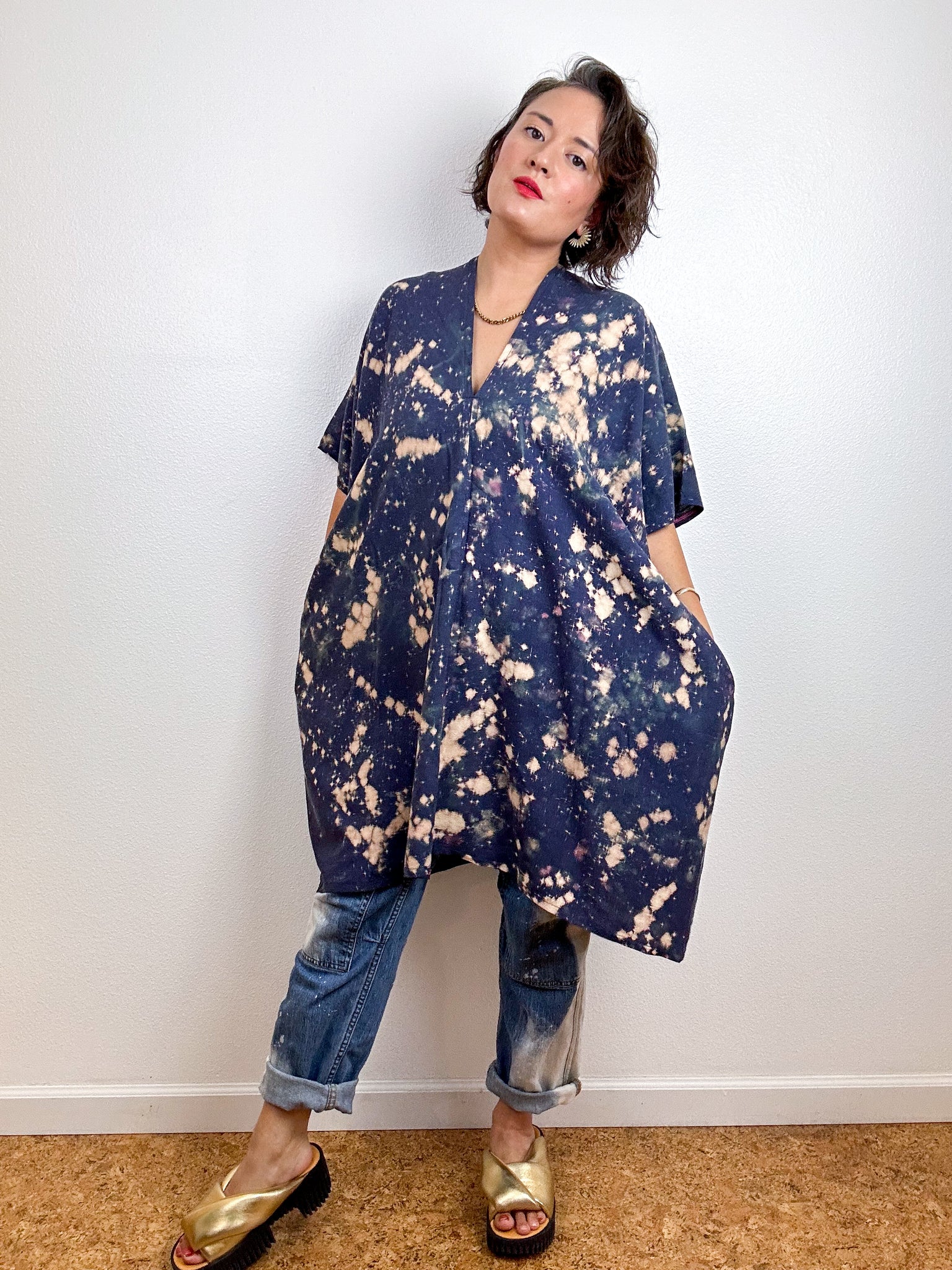 Oversized Hand-dyed Linen Blend Smock Dress Indigo Bleach Speckle