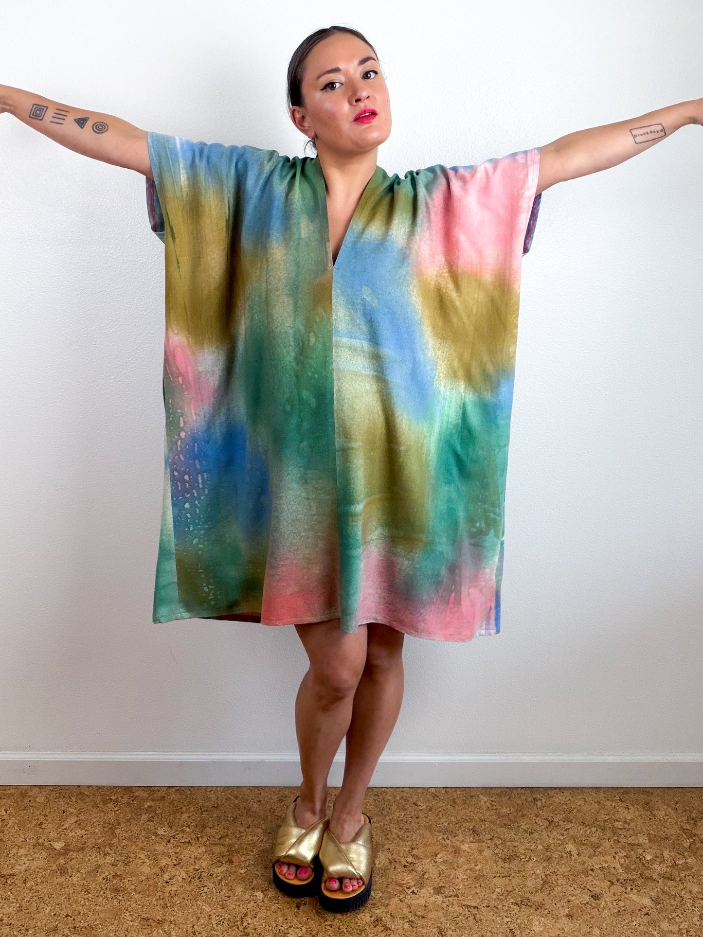 Hand-Dyed Linen Blend Caftan Dress Blue Green Bronze Coral Aura