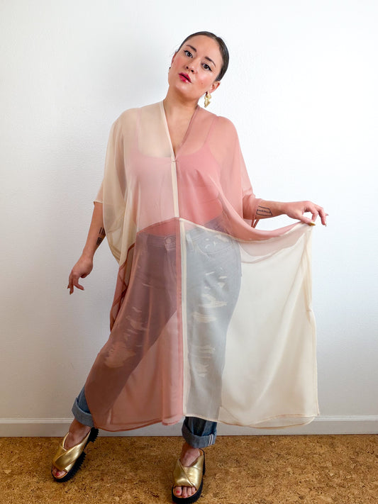 SILK Color Block Midi Caftan Dress Ivory Blush