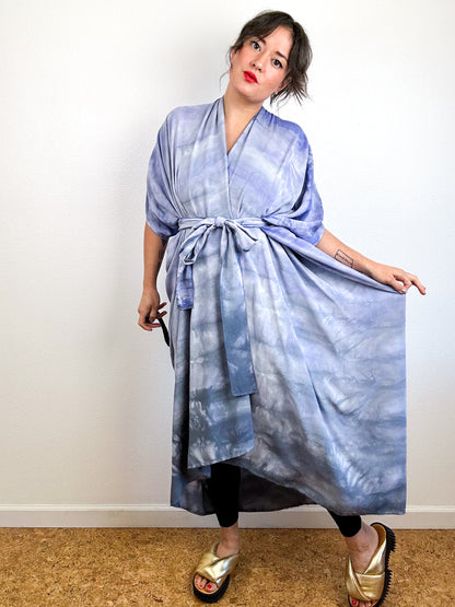 Hand-Dyed High Low Kimono Wisteria Grey Watercolor