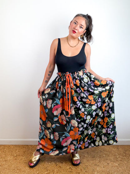 THE SKIRT Black Orange Floral Mix Reversible Georgette